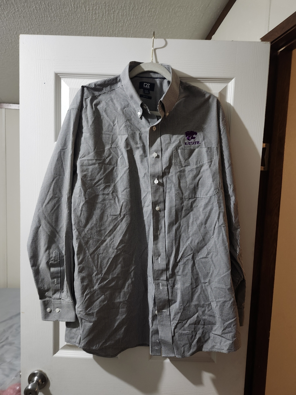 Cutter & Buck Gray and White Micro-Check Button-Down Shirt. Kansas State Univ.